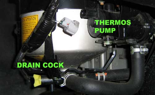 Prius coolant heat storage tank with drain and pump labeled