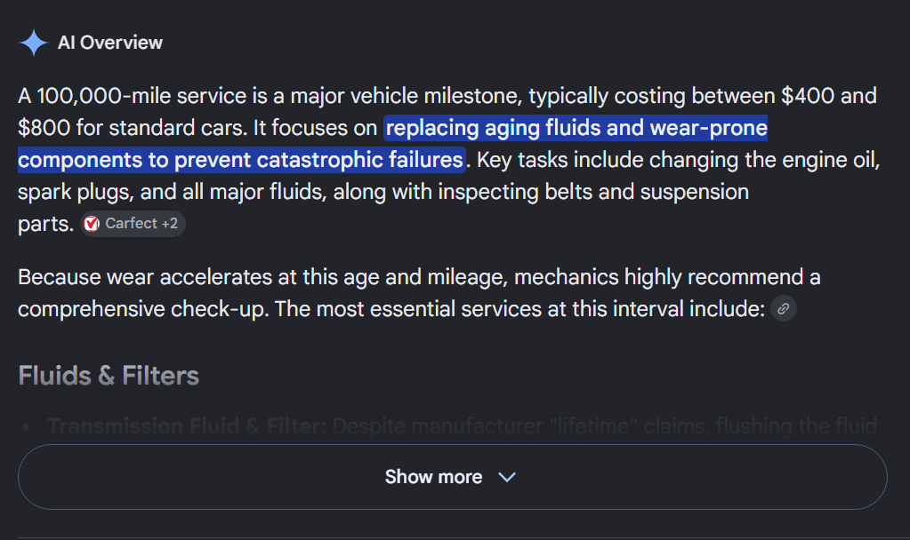An image of on-screen Gemini AI search result summary for 100,000 mile service