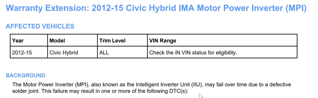 Image of Honda service bulletin for MPI warranty extension.