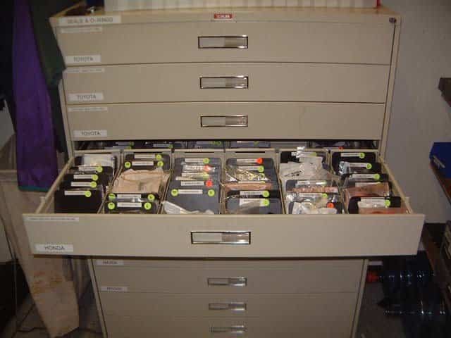 file cabinet filled with camshaft and crankshaft seals