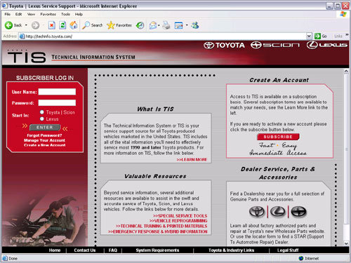 Toyota TIS webpage screen