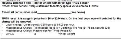 TPMS charge on a repair order