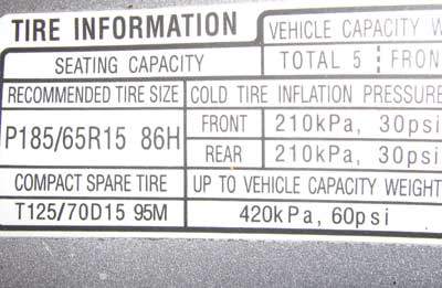 A tire pressure placard on the driver's door jam