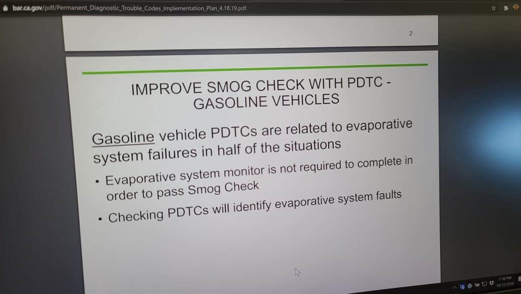 Slide from BAR presentation stating EVAP monitor doesn't need to be complete to pass smog