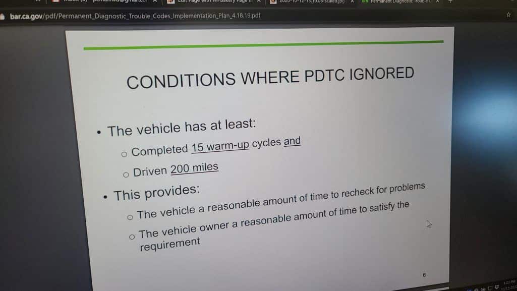 BAR presentation slide saying PDTC will be ignored after 15 warm-up cycles and 200 miles.