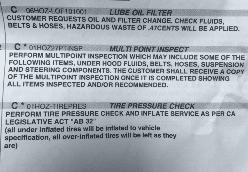 Honda dealership invoice saying, multi-point inspection which may include the following items