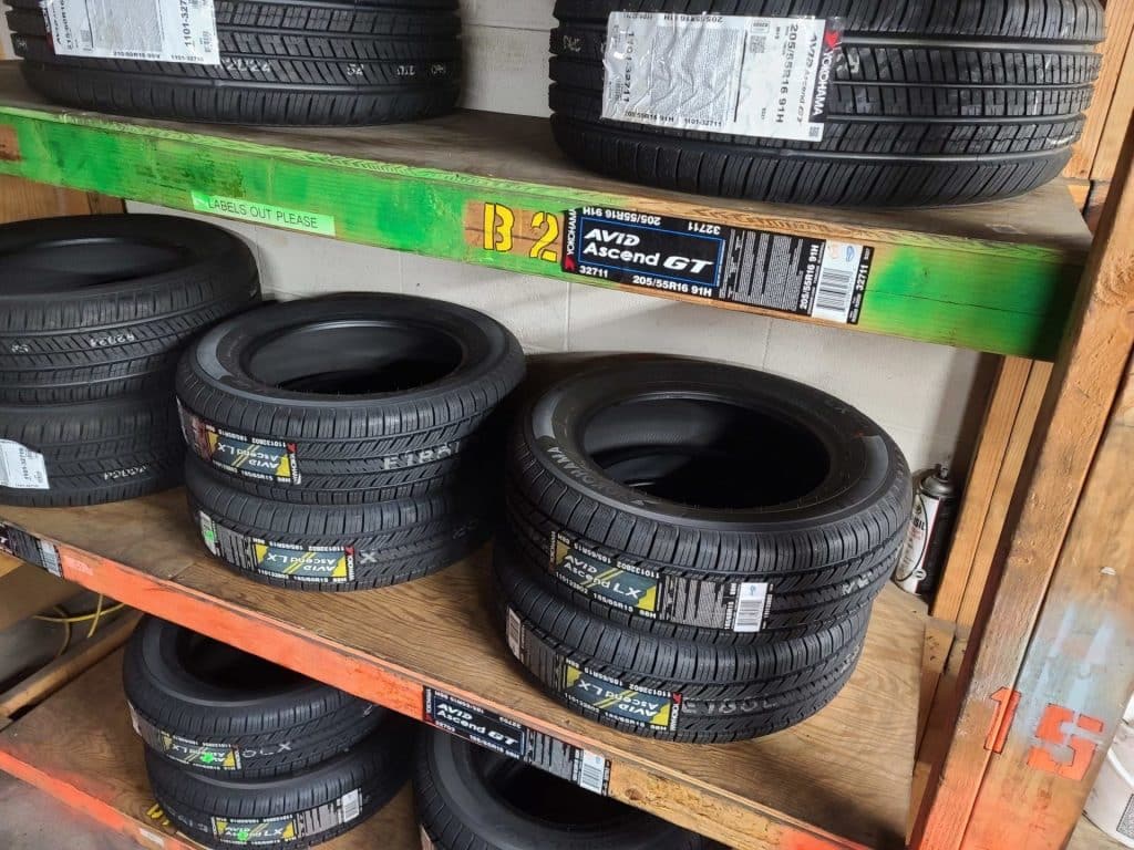 New Yokohama tires sitting on shelves