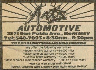 A very old yellow pages advertisement for Art's Automotive with the slogan -- Thorough, Competent, Caring and Honest -- Dealer Quality Without the Price