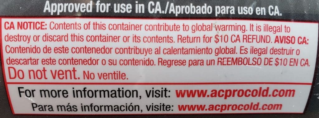 A label that states R134a causes global warning