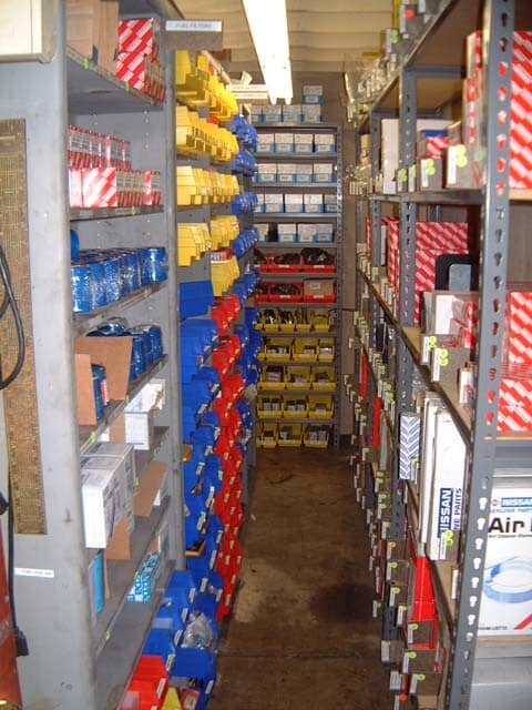 Toyota, Honda and Subaru parts stacked neatly on shelves