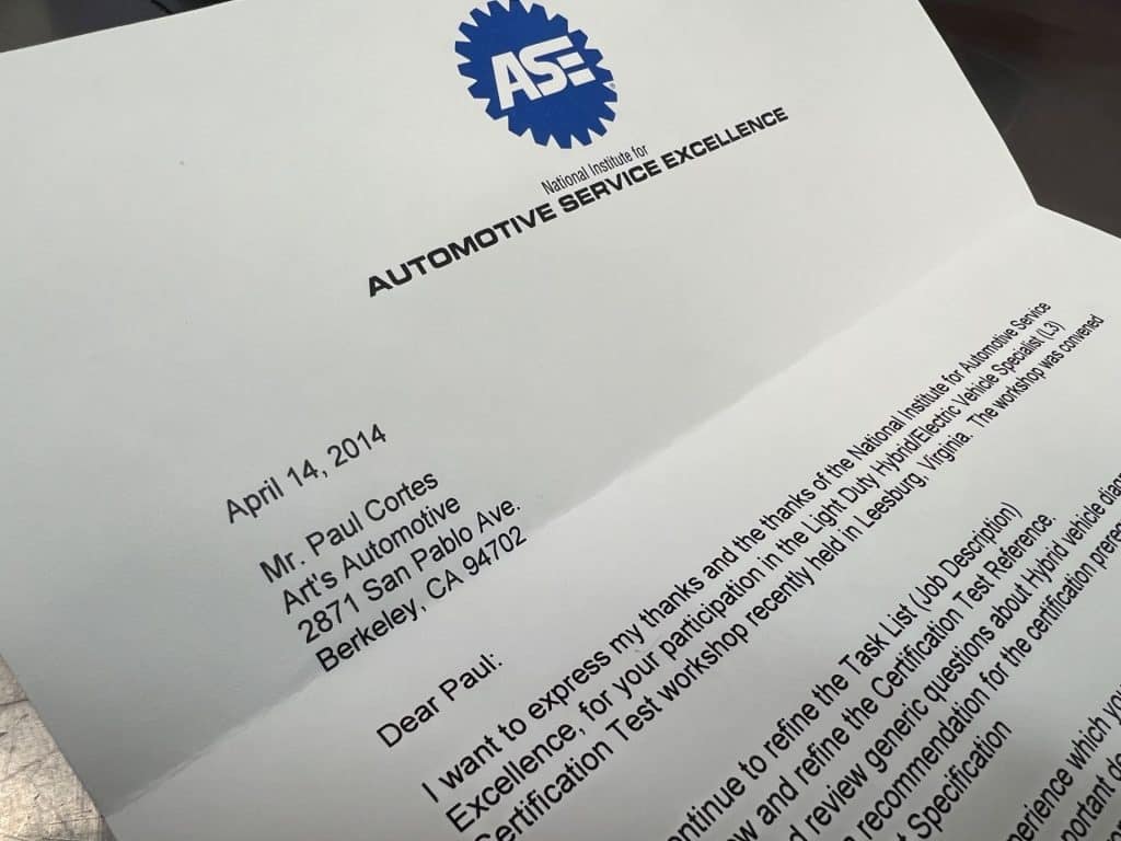 Letter of thanks from ASE to Paul for participating in the L3 hybrid vehicle certification test development.
