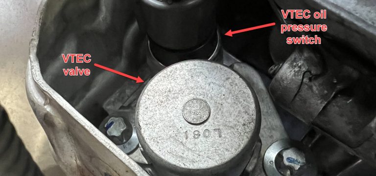 A labeled image of a Honda VTEC valve and VTEC oil pressure switch