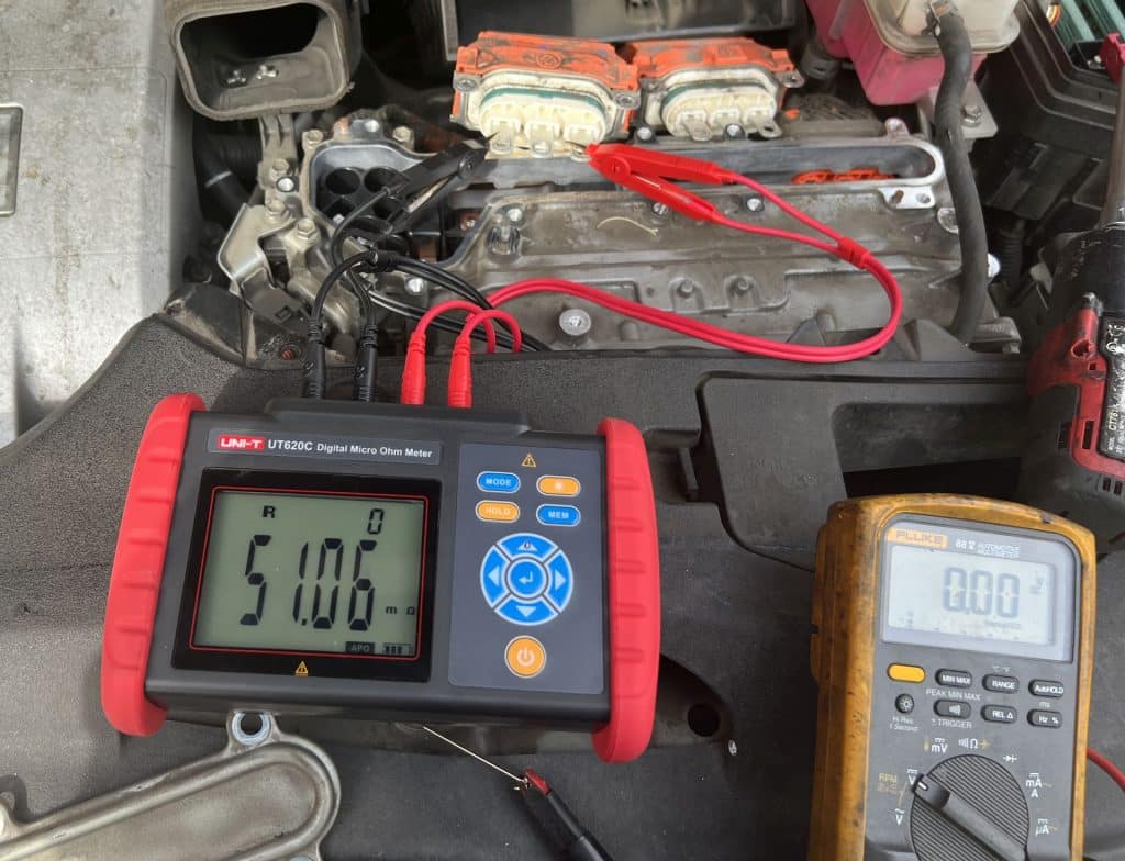 A milli-ohmmeter connected to the electric motor on a Lexus hybrid.