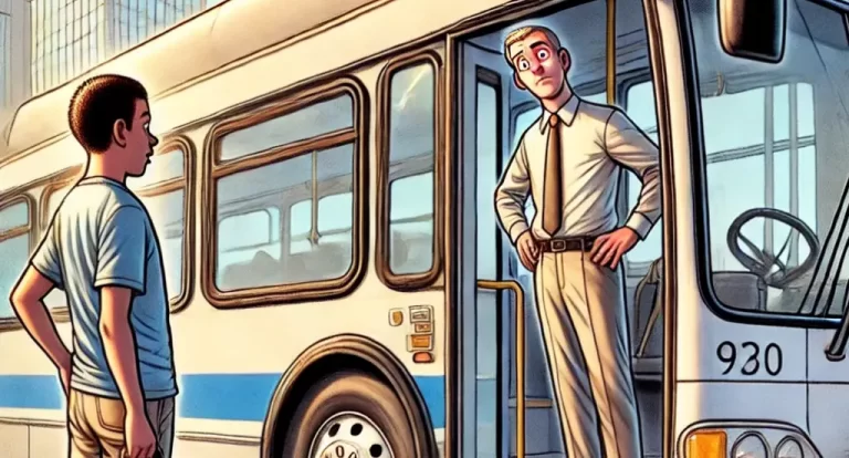 A man getting off a public transportation bus. His eyes are wide as if he's had an unusual experience.