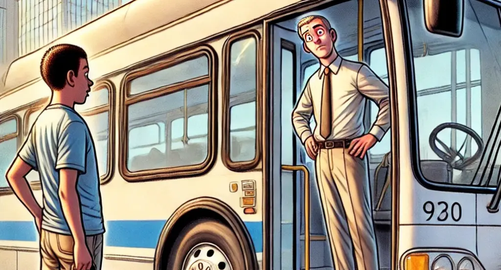 A man getting off a public transportation bus. His eyes are wide as if he's had an unusual experience.