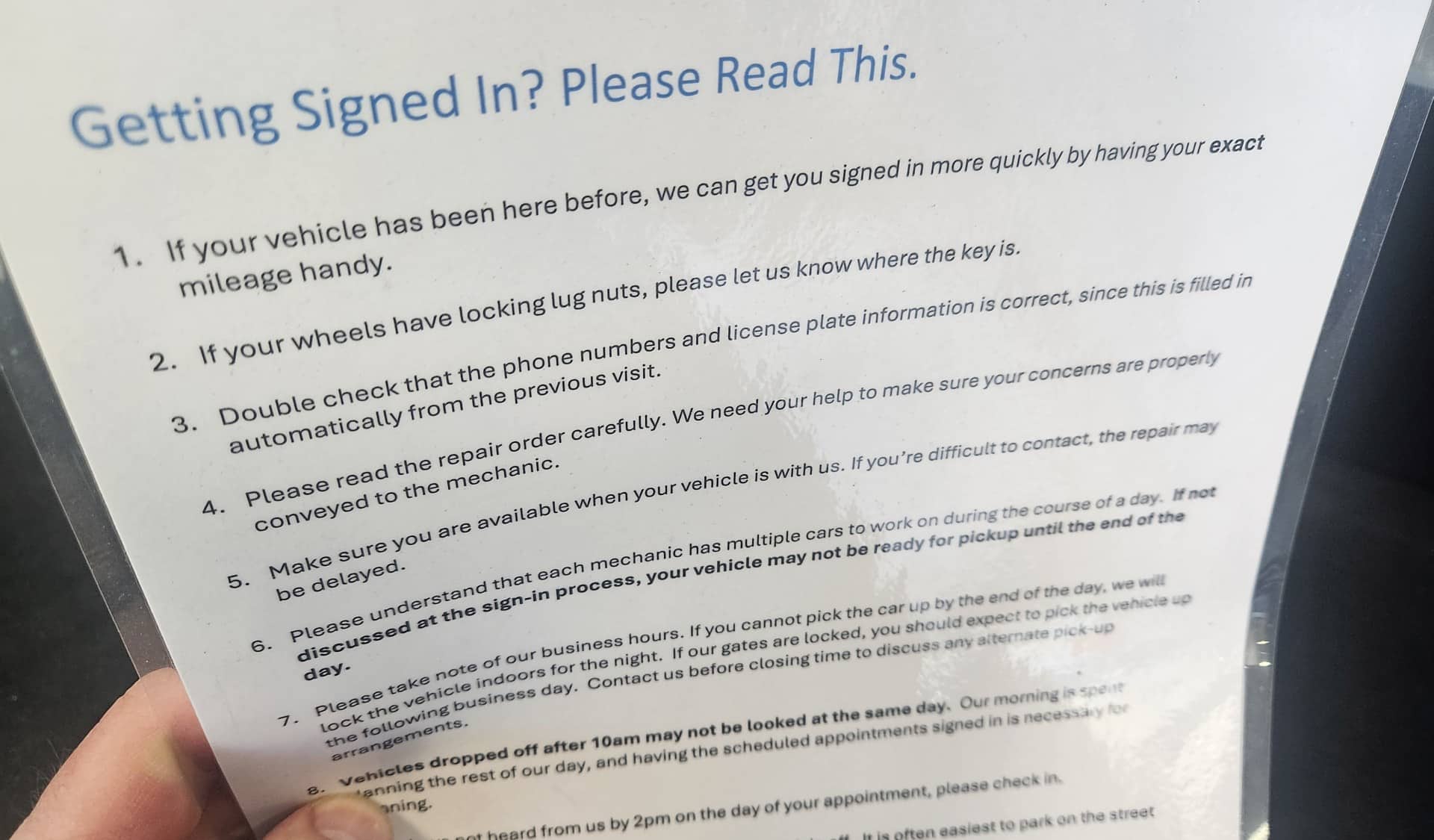 A laminated sheet with our getting signed in information.