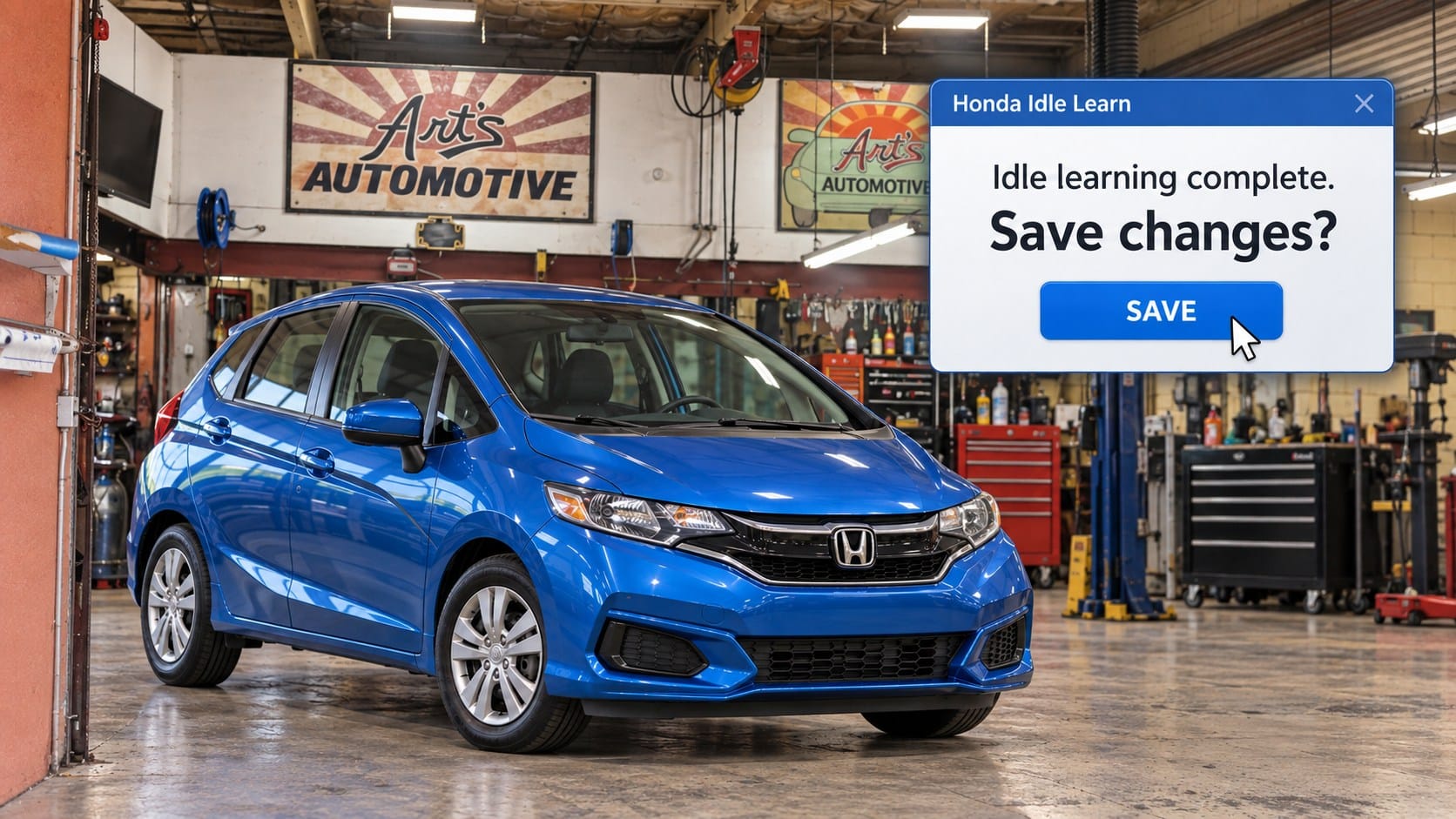 An image of a Honda Fit in a service bay (AI generated)