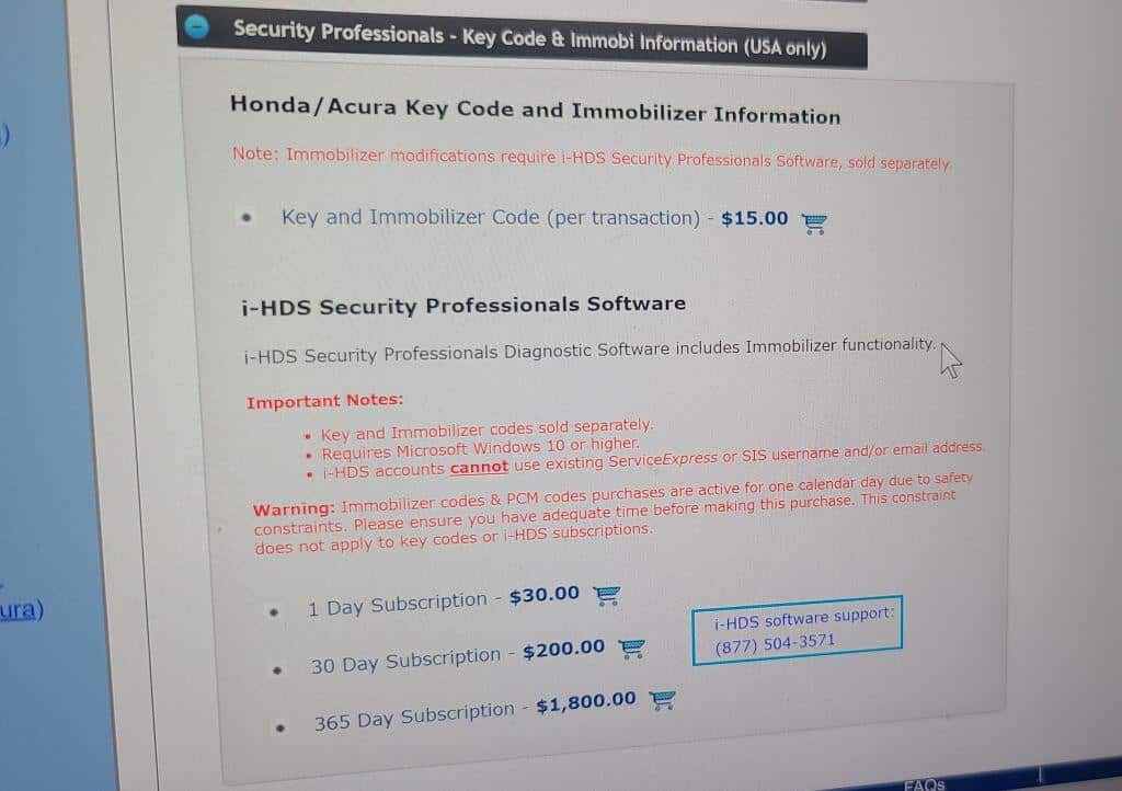 purchasing an immobilizer code on Honda's website