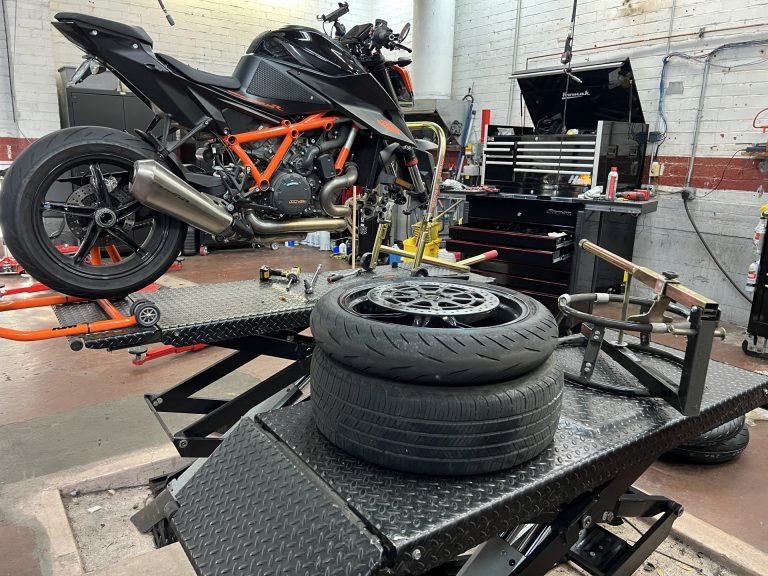 A motorcycle on a rack.