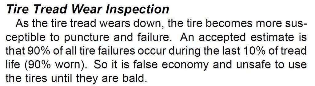 Picture of text in a service manual saying that 90% of tire punctures occur in the last 10% of tread life