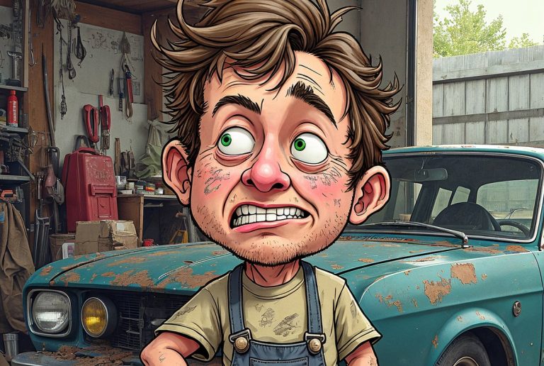 A nervous cartoonish mechanic. AI generated.