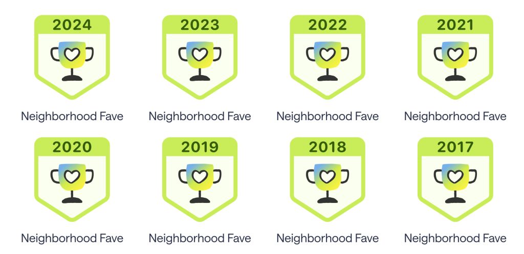 Image with Nextdoor "Neighborhood Fave" consecutive awards from 2017 - 2024 the the South West Berkeley / San Pablo Park Neighborhood.