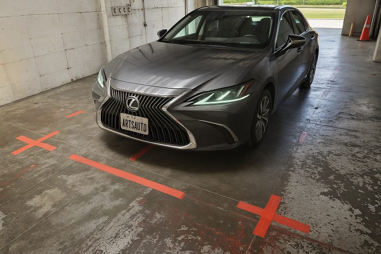A Lexus ES350 in our shop with calibration targets on the floor. AI modified image to remove customer's license plate.