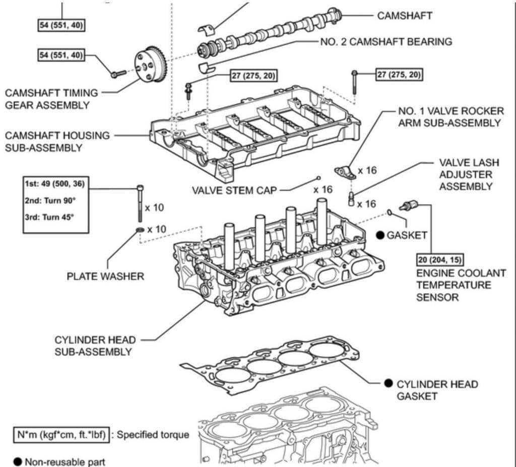 line drawing, exploded view of Prius engine