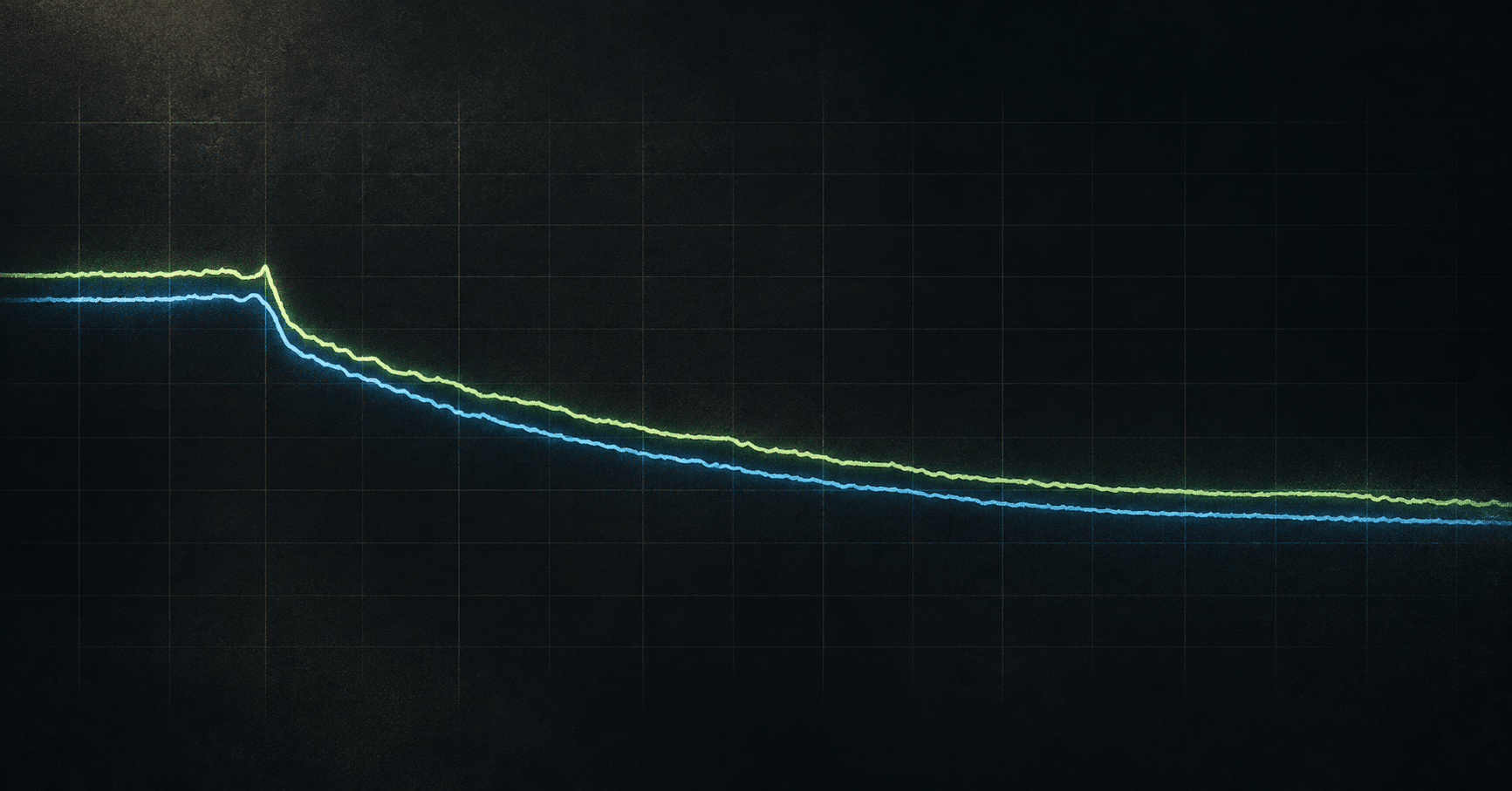 Artistic interpretation of closely tracking blue and green hybrid-battery voltage traces on a dark grid.
