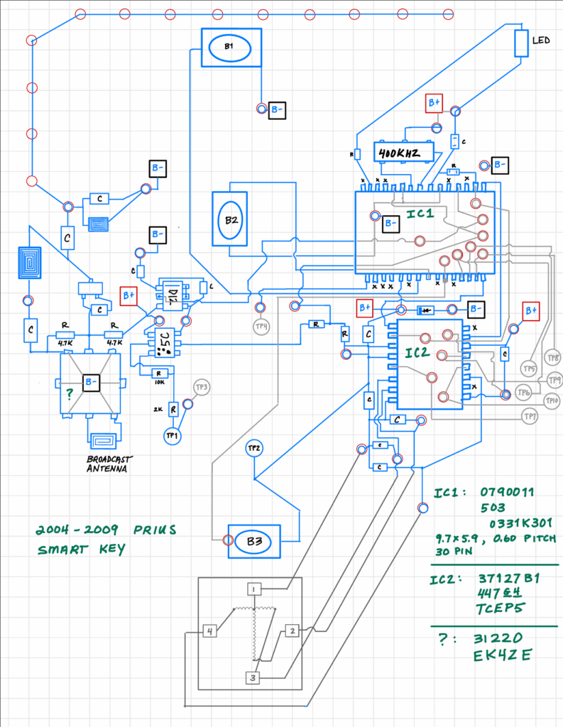 Homemade electrical diagram for the Toyota Prius smart key.