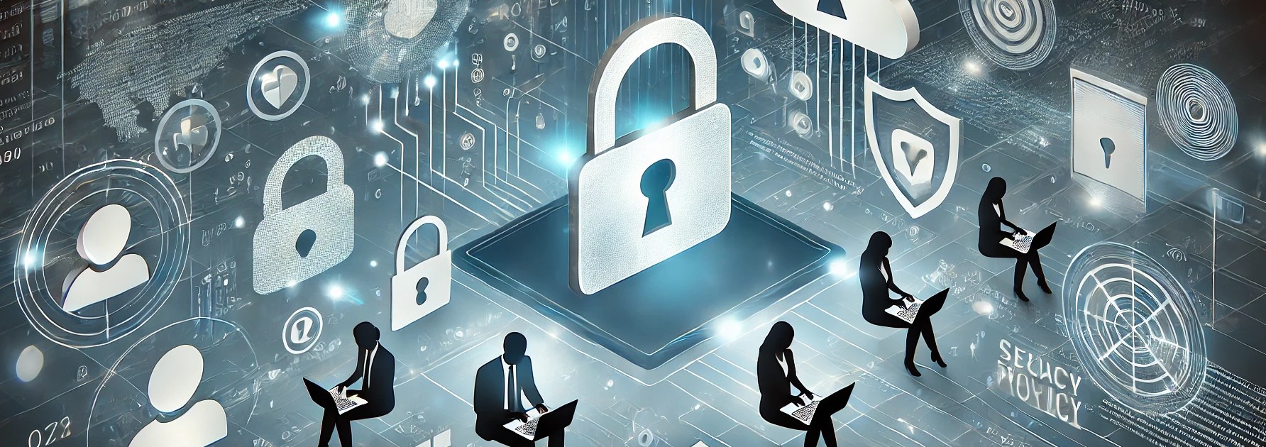 An image with locks and people on computers. Lots of misspelled words and non-existent words. AI prompt "image for privacy policy".