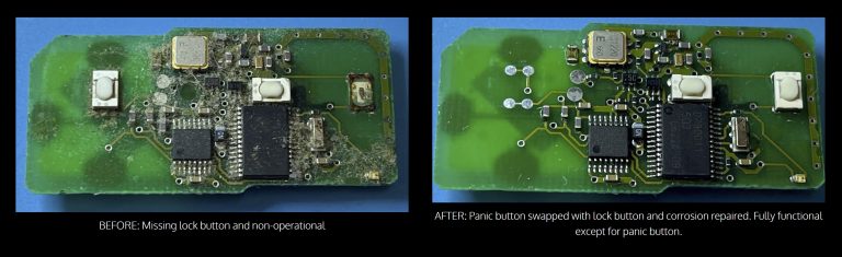Before and after pictures of a smart key circuit board