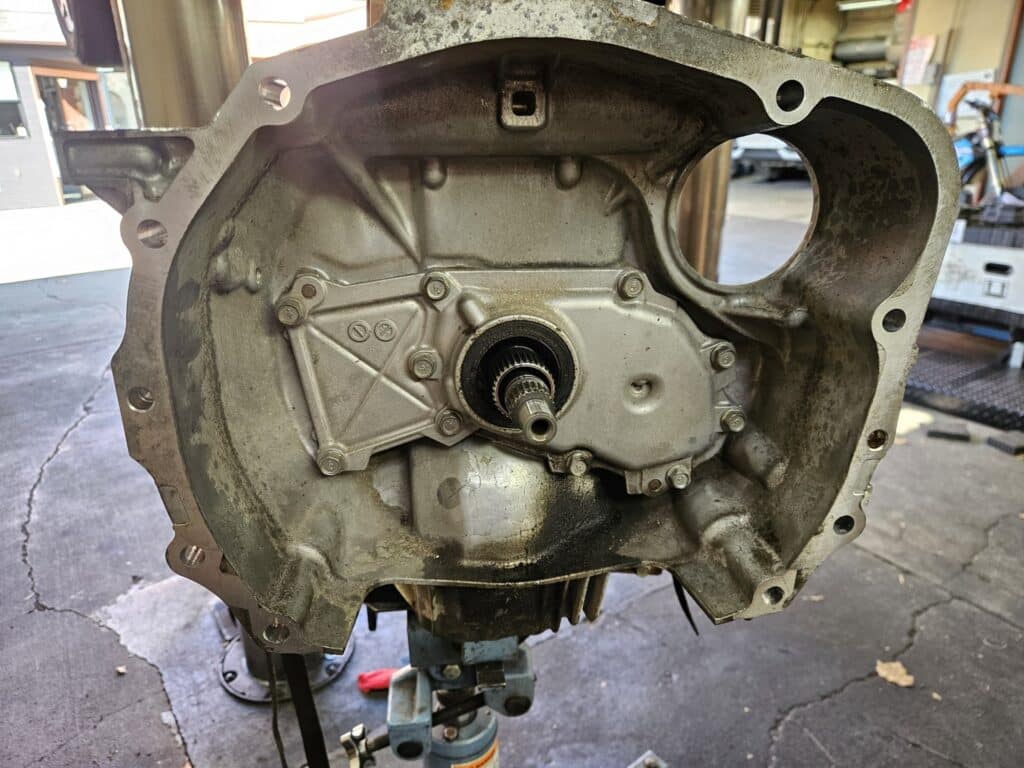 A leaking CVT transmission removed from a 2014 Crosstrek.
