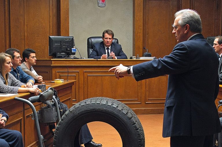 A lawyer pointing at a dismounted tire in a courtroom.