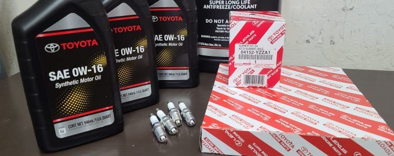 Toyota service parts: oil filter, air filter, spark plugs, and motor oil