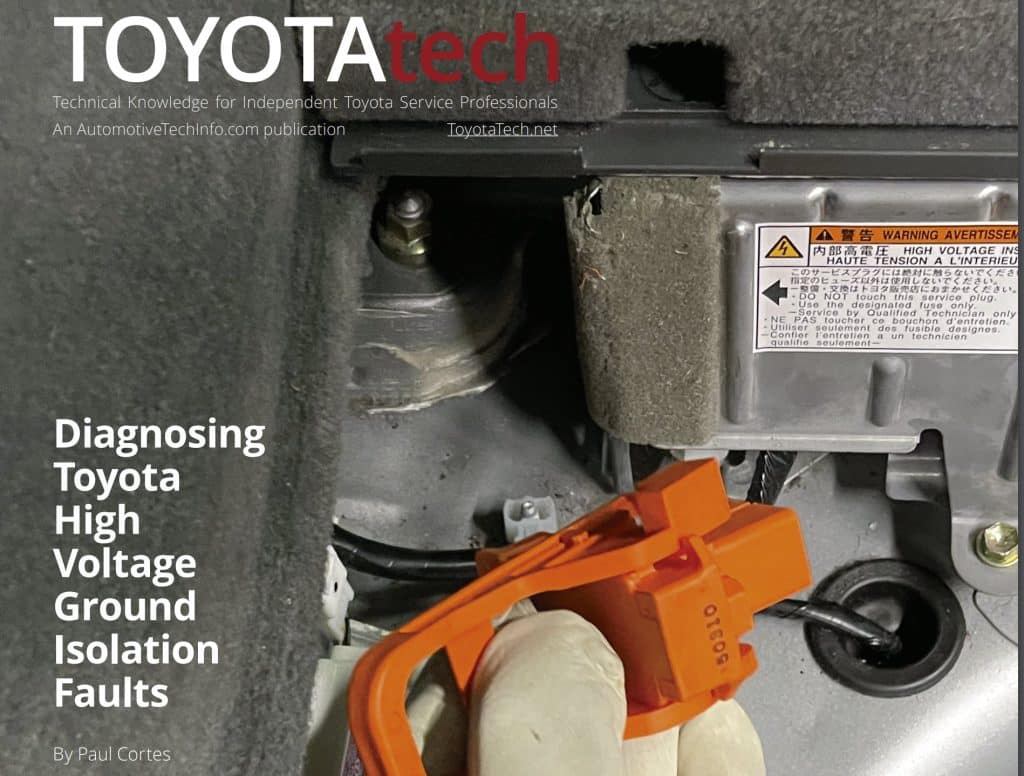 The front cover of a TOYOTATech Magazine with a loss of high voltage isolation article for advanced hybrid technicians.