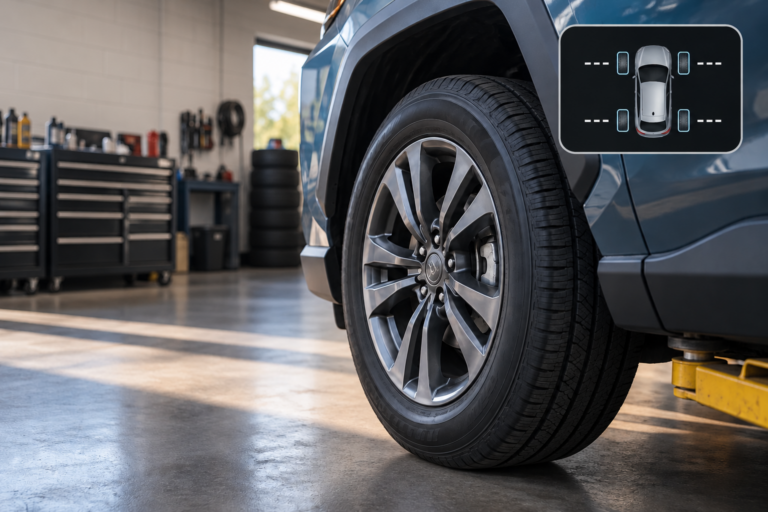 Close up of Toyota SUV wheel in a auto repair garage.