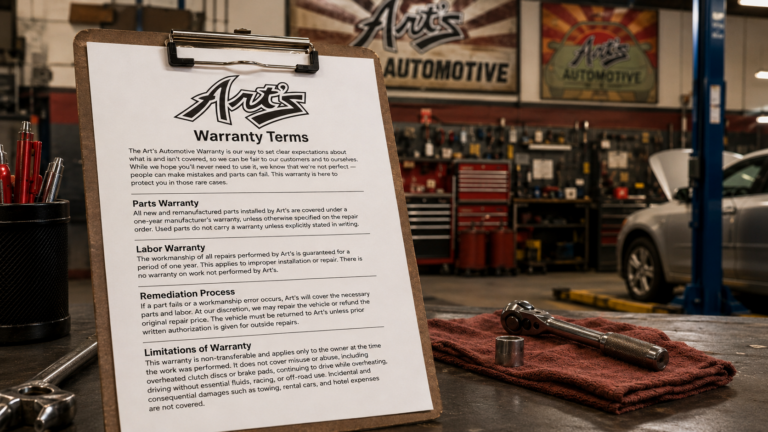 warranty terms on a clipboard with an auto repair shop in the background