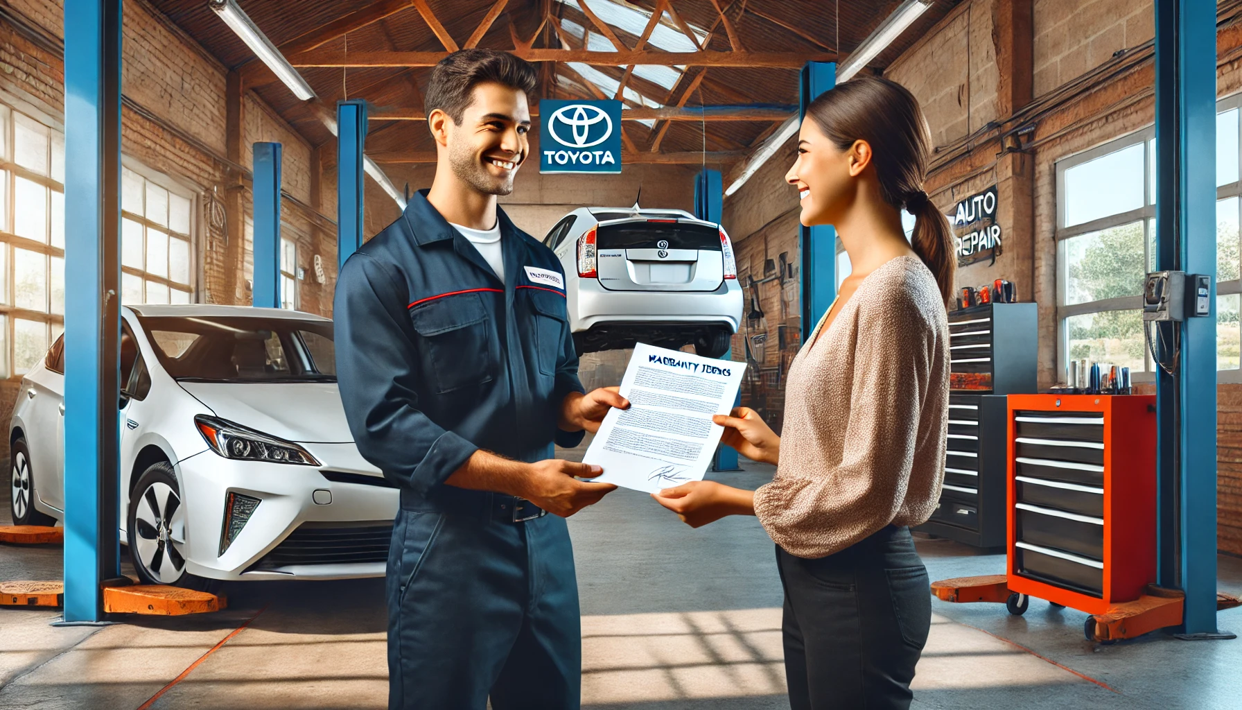 An AI image of a mechanic handing a woman a copy of the warranty terms.